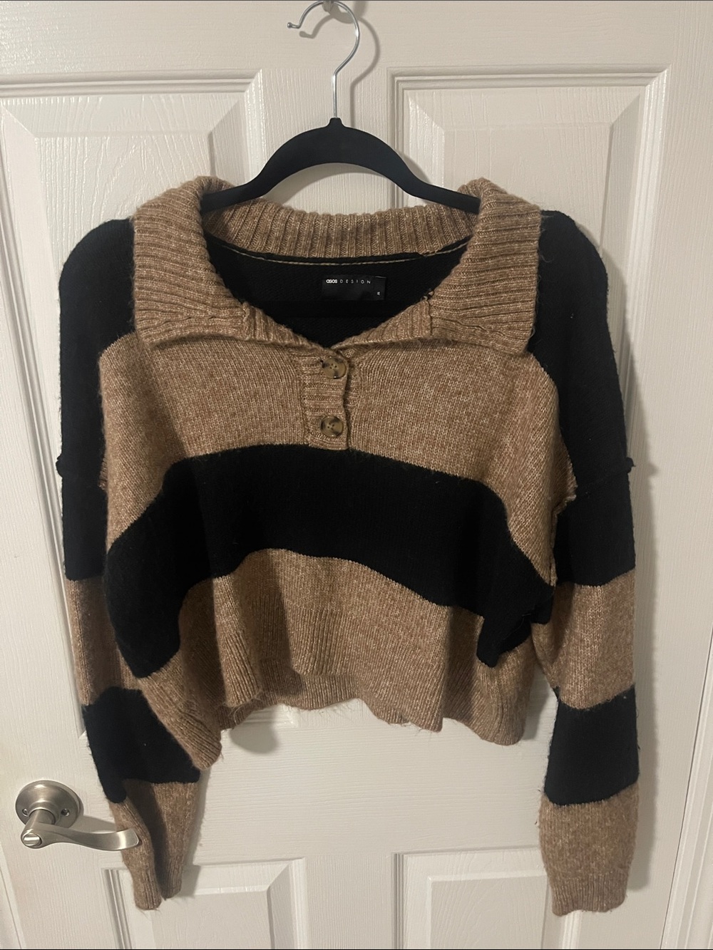 ASOS Cropped Collared Stripe Sweater - Black & Brown